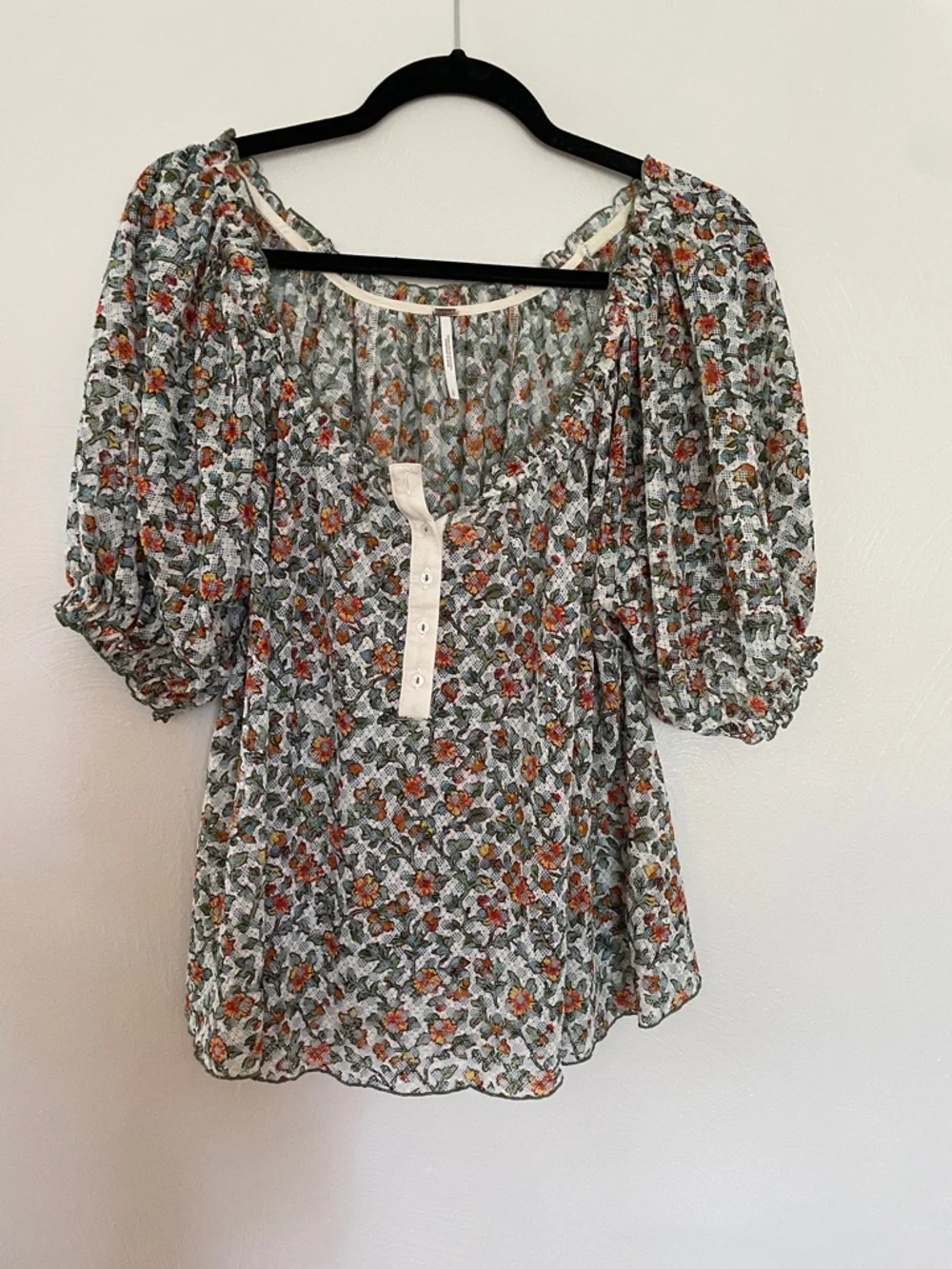 Free People Floral Puff Sleeve Blouse in Cream, Green & Orange - Picture 1 of 4